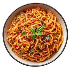 Spicy Noodles in Bowl Sesame Seeds Basil Garnish