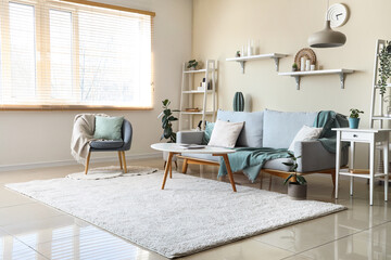 Interior of light living room with comfortable sofa, shelves and armchair