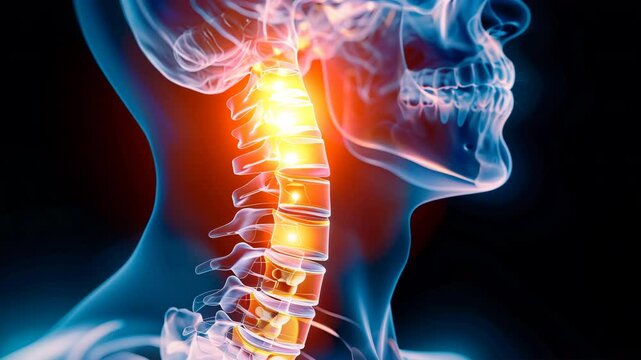 頸椎と神経を示す横向きの解剖図