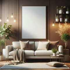modern living room with sofa empty photo frame