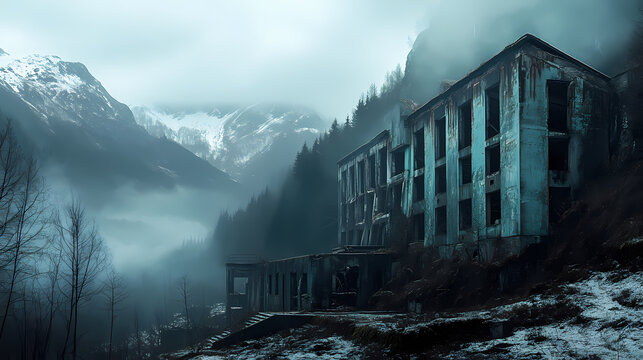 Sleek turquoise mountain: urban exploration photography - trendy abandoned building. Forgotten Apex. Illustration