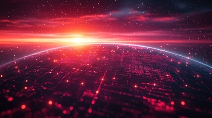 Obraz premium Sunrise over a futuristic, digital city on Earth