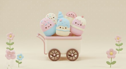 Fototapeta premium Cartoon Kawaii Ice Pops in Pastel Colors 3D Render in a Cream Cart Surrounded by Pastel Flowers on Creamy Background in Children's Book Illustration Style
