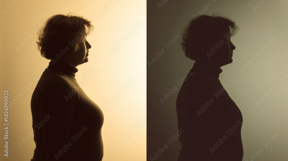 Poster weight loss transformation silhouette showcasing before and after results against a soft neutral bac