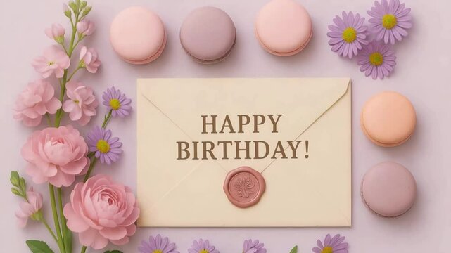 Pink macarons and floral happy birthday envelope celebration aesthetics