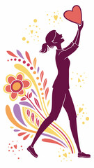 Woman silhouette holding heart, floral design, purple tones
