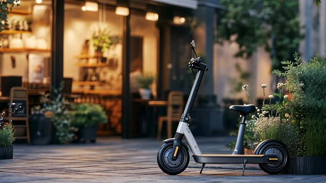 Electric scooter parked outside a cozy cafe at dusk