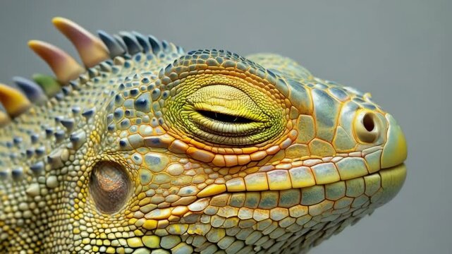 Vibrant iguana eye blink progression captured in closeup detail