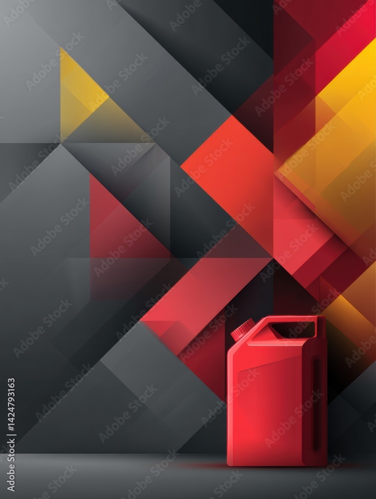 Poster Bright Red Jerrycan Stands Against an Abstract Geometric Background Showcasing Vibrant Colors and Shapes in a Modern Setting