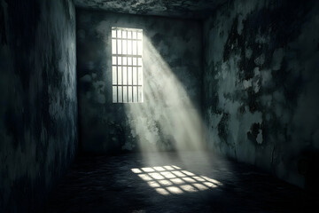 Obraz premium Depiction of a dimly lit, confined prison cell.