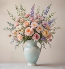 Pastel watercolor flower bouquet in a classic vase  Soft, dreamy floral painting , pink, pastel flowers, artistic