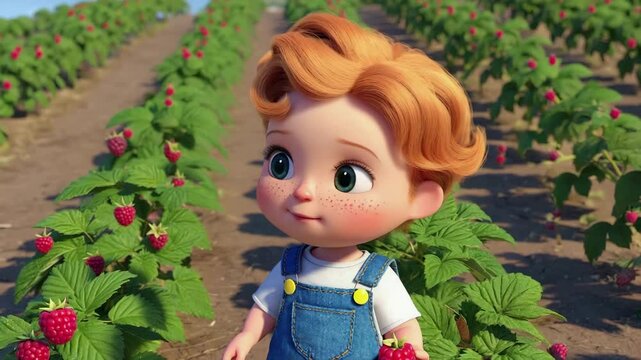 Animated child enjoying raspberry picking adventure in sunny farm field