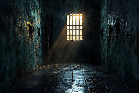 Dimly lit prison cell hallway with barred window.