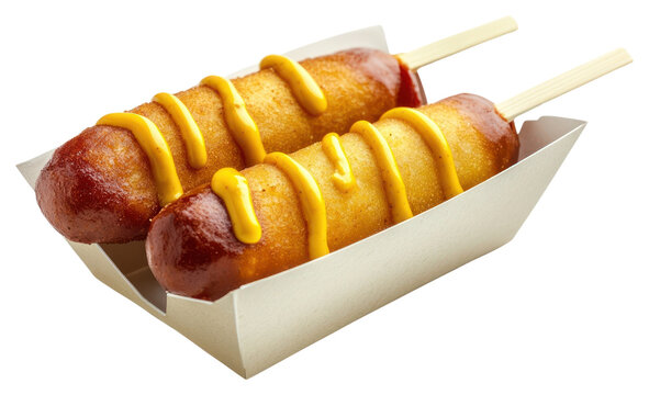 PNG 2 real savory corndogs with sauces and mustard served in takeaway packaging food hot deep-fried.