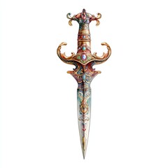 fantasy royal dagger with jeweled hilt, watercolor painted style, isolated on white