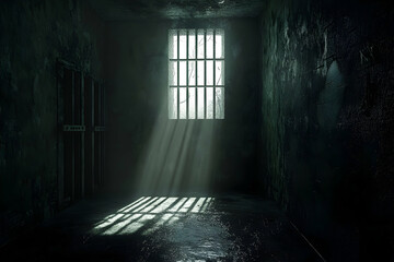Fototapeta premium Depressed, dimly lit prison cell, illuminated by a barred window.