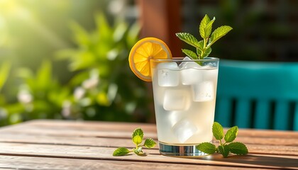 Refreshing summer cocktail, frosted glass, ice cubes, lemon slice garnish, fresh mint leaves, wooden table, sunlight, outdoor setting, vibrant colors, drink photography, close-up, bokeh background