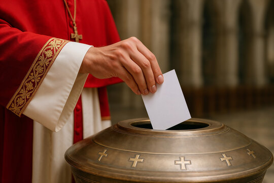 Representation of a cardinal voting in a conclave to elect a new Pope.