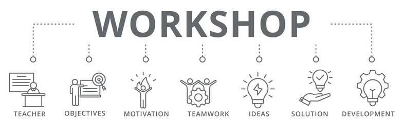 Workshop  banner icon teacher, objectives, motivation, teamwork, ideas, solution and development vector illustration concept