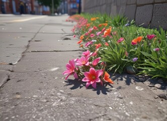 Vibrant flower bursts from sidewalk cracks, showcasing resilience , flora, spring
