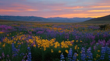 Fototapeta premium Serene Sunset over a Vibrant Wildflower Meadow
