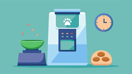 A timesaving pet feeder that premeasures and dispenses your pets food for the week taking the guesswork out of portion control.. Vector illustration