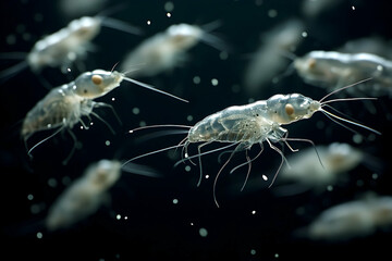 Microscopic marine zooplankton in a dark aquatic environment.