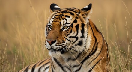 Fototapeta premium Majestic Tiger Portrait Resting in Grassy Habitat Wildlife Conservation
