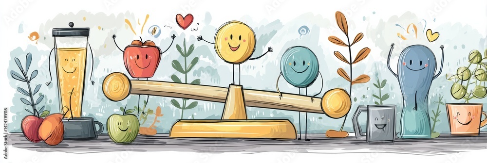 Poster Health Scale Balancing Joy and Vitality With Cheerful Icons and Vibrant Elements in a Wellness-Themed Setting