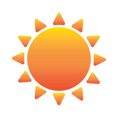 Shining sun with rays icon for weather design. Hot temperature. Sunshine flat symbol. Orange Yellow sun star icon Summer, sunlight, nature, sky. Vector illustration isolated on white background.