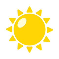 Shining flat sun with rays icon for weather design. Hot temperature. Sunshine symbol. Yellow sun star icon  Summer, sunlight, nature, sky. Vector illustration isolated on white background.