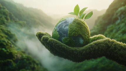 Moss Hand Holding Earth with Leaves in Lush Rainforest, Eco-Guardian CGI Concept for World Environment Day
