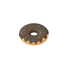 Donut chocolate with sprinkles topping cartoon. Bakery element menu. Donut isolated on white.