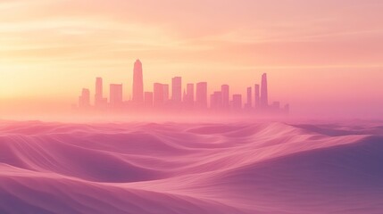 Sunset Cityscape Over Desert Dunes: A Surreal Vision