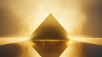 A golden pyramid shape sits atop a smooth surface, radiating a sense of elegance and simplicity against a bright background. Golden Pyramid. Illustration