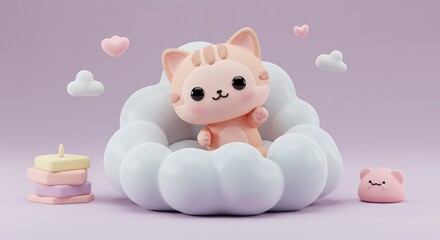 Playful Kitten Resting in a Cloud Bed with Pastel Color Palette in a Cartoonish 3D Rendering with Kawaii Style for Childrens Illustration and Decoration