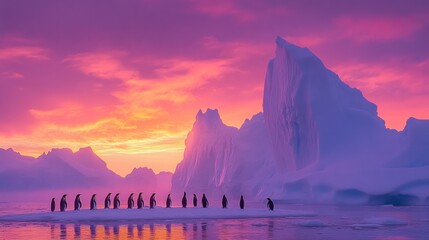 Majestic Penguins at Sunset in Antarctica: A breathtaking view of Emperor penguins silhouetted 