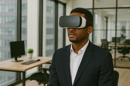 Man in suit using virtual reality headset in modern office