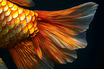 Detailed close-up of a gold fish's vibrant tail fin.