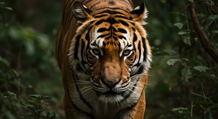 Obraz premium Bengal Tiger Close Up Portrait Walking Through Jungle Vegetation
