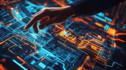 A hand touching an illuminated digital schematic on a surface