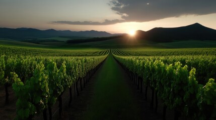 Naklejka premium Lush vineyard rows stretch towards a sunset over rolling hills