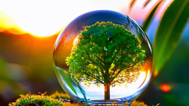 Vibrant miniature tree encapsulated in a clear orb resting on mossy ground, with glowing sunrise rays and blurred leaf details creating a peaceful, warm scene. Concept of eco balance 