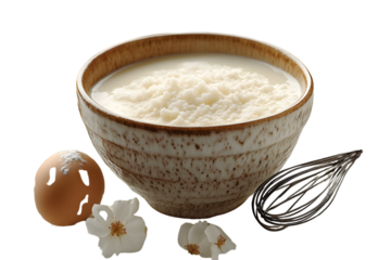 A bowl of creamy dessert with a whisk egg and flowers on a black background
