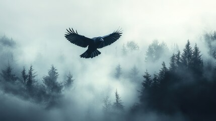Fototapeta premium A Raven's Flight Through Misty Mountains: A Dark and Mysterious Scene