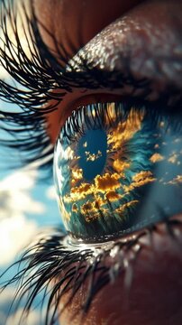 Close-Up of an Eye Reflecting a Dreamlike Sunset with Golden Clouds and a Surreal Landscape Captured in Vivid Detail and Soft Light