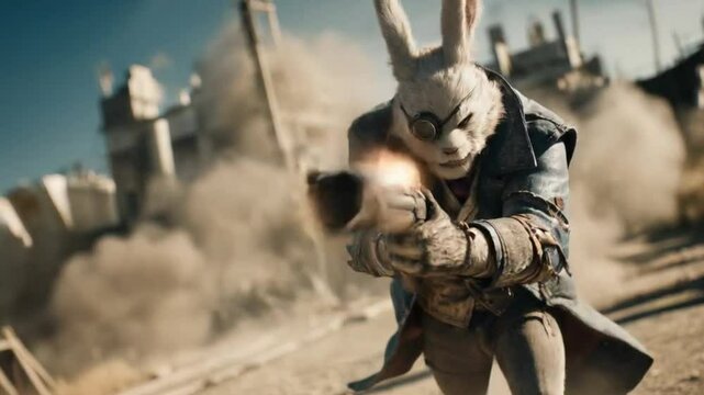Fierce Anthropomorphic Rabbit in Steampunk Attire Wielding a Large Rifle Amidst a Dusty Battle Scene for Fantasy Action Art