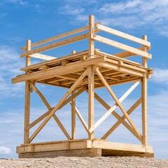 Elevated Wooden Platform Structure Under a Blue Sky