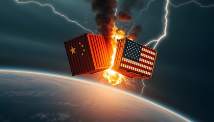 Naklejka premium Trade War Usa and China Containers Conflict Burning