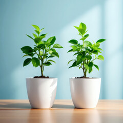 Fototapeta premium International Equal Pay Day Concept, Identical Green Saplings in White Pots Symbolizing Fair Growth, Equality, and Deserved Outcomes
